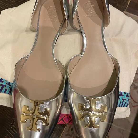 Tory Burch Women’s Raleigh D’Orsay Metallic Silver & Gold Ballet Flats Size 9 - Picture 2 of 7